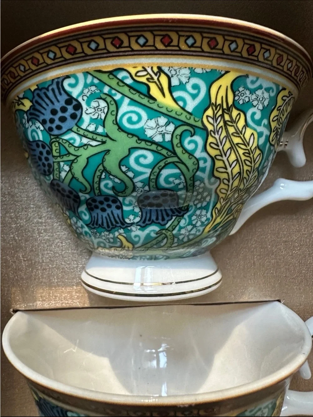 Grace Teaware Green & Gold Porcelain Teacup Set 2 Cups & 2 Saucers Gift Box NWT